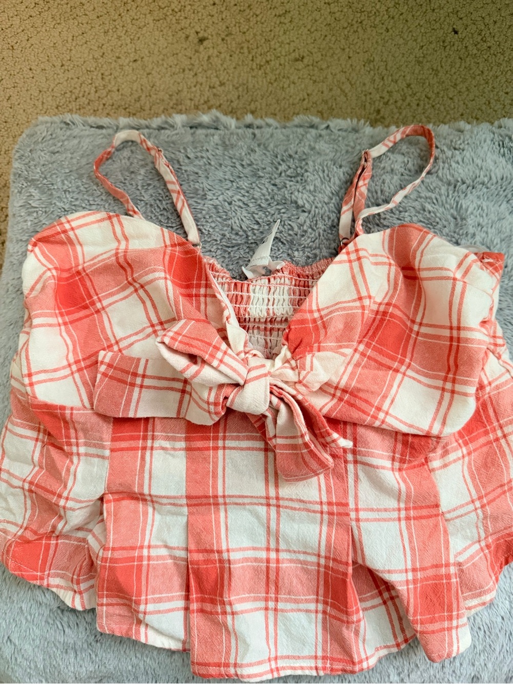 iris Coral and White Plaid Bow-Front Cami
